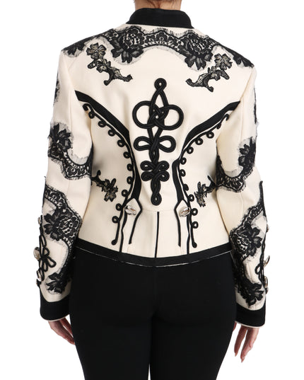 Dolce & Gabbana White Wool Black Floral Baroque Jacket