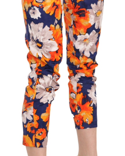LANACAPRINA Blue Floral Print Skinny Slim Fit Trousers Pants