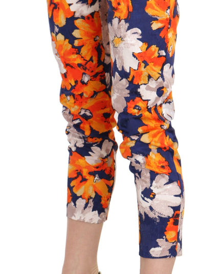 LANACAPRINA Blue Floral Print Skinny Slim Fit Trousers Pants
