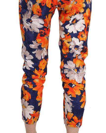 LANACAPRINA Blue Floral Print Skinny Slim Fit Trousers Pants