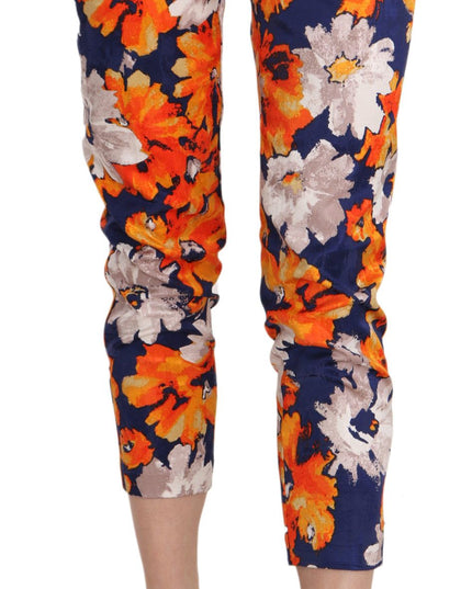 LANACAPRINA Blue Floral Print Skinny Slim Fit Trousers Pants