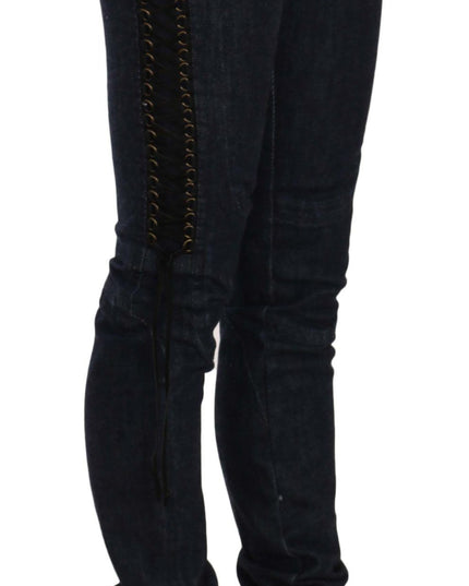 Just Cavalli Blue Low Waist Skinny Trousers Braided String Pants