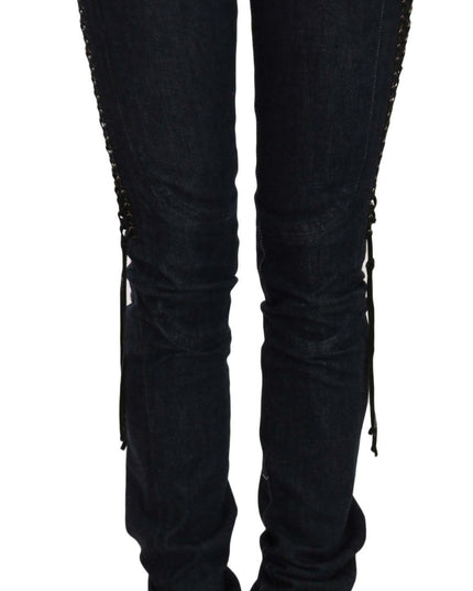 Just Cavalli Blue Low Waist Skinny Trousers Braided String Pants