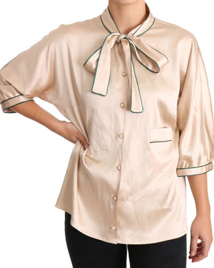Dolce & Gabbana Beige Ribbon Silk Stretch Top Blouse