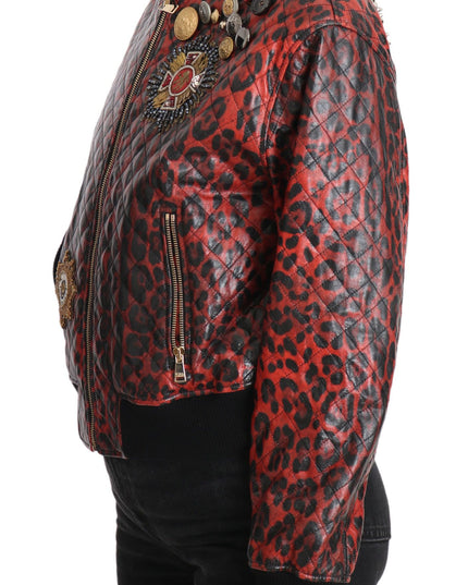 Dolce & Gabbana Red Leopard Button Crystal Leather Jacket