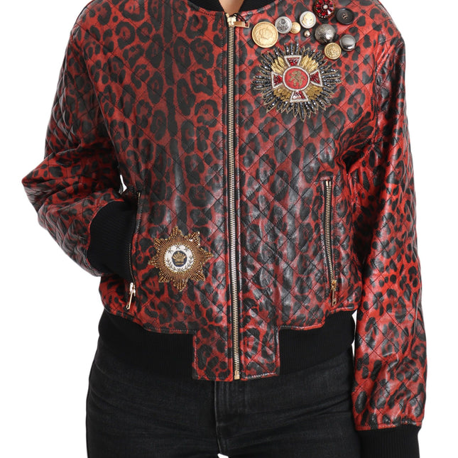 Dolce & Gabbana Red Leopard Button Crystal Leather Jacket