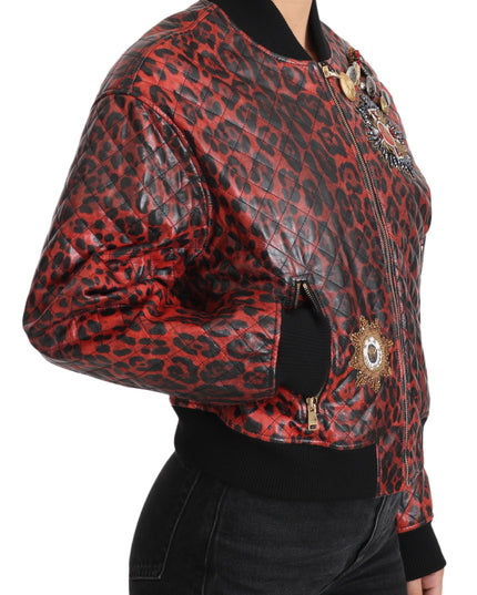 Dolce & Gabbana Red Leopard Button Crystal Leather Jacket