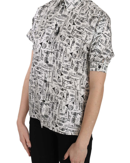 Dolce & Gabbana Trumpet Print Button Front Silk Top Blouse