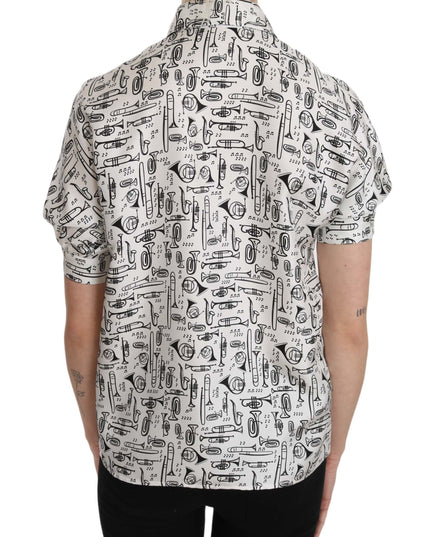 Dolce & Gabbana Trumpet Print Button Front Silk Top Blouse