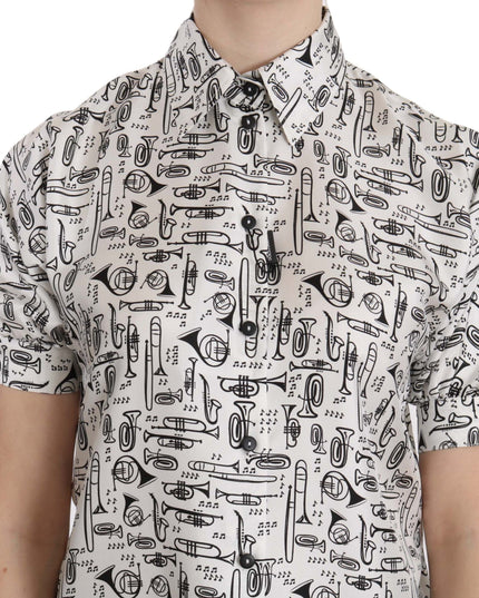 Dolce & Gabbana Trumpet Print Button Front Silk Top Blouse