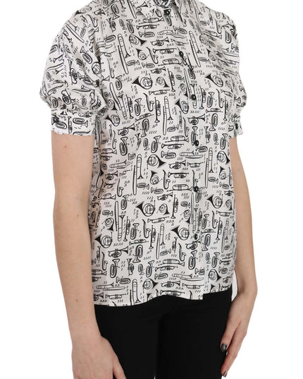 Dolce & Gabbana Trumpet Print Button Front Silk Top Blouse