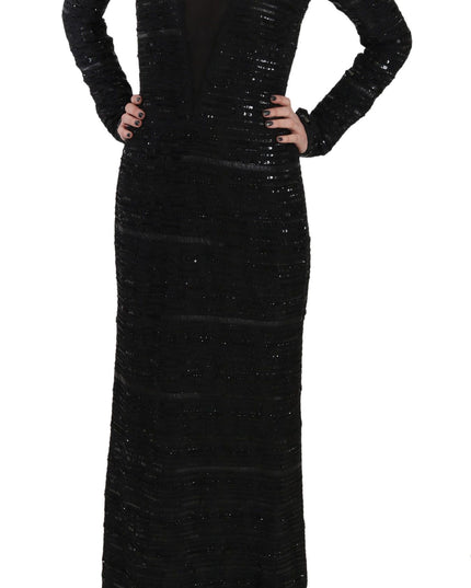 John Richmond Black Silk Full Length Sequined Gown Dress