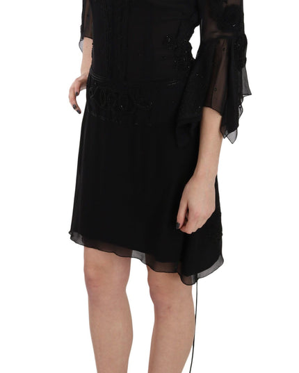 John Richmond Black Sequined Silk Mini Shift Gown