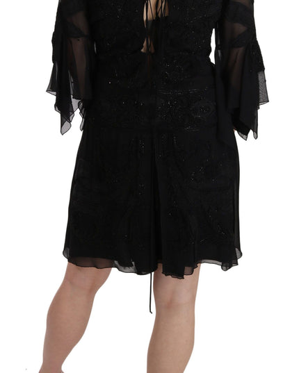 John Richmond Black Sequined Silk Mini Shift Gown