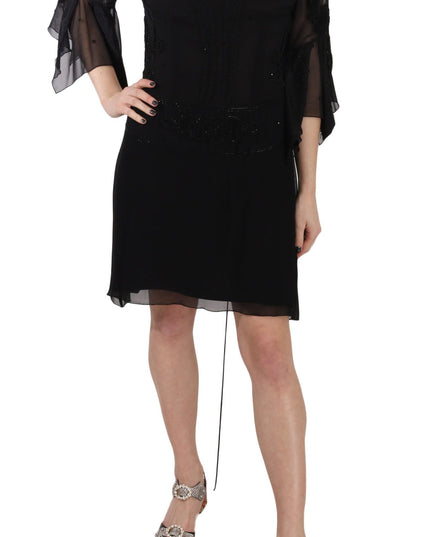 John Richmond Black Sequined Silk Mini Shift Gown