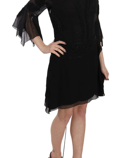 John Richmond Black Sequined Silk Mini Shift Gown