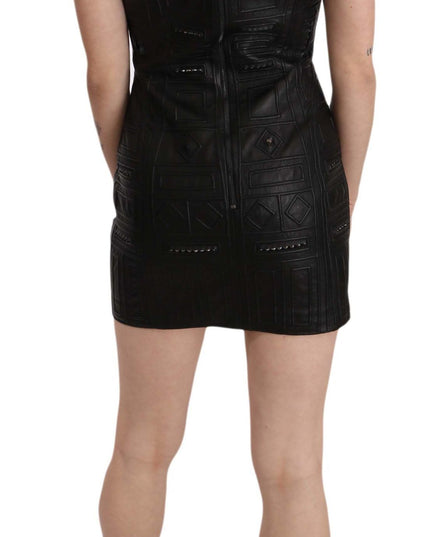 John Richmond Black Leather Studded Mini Shift Dress