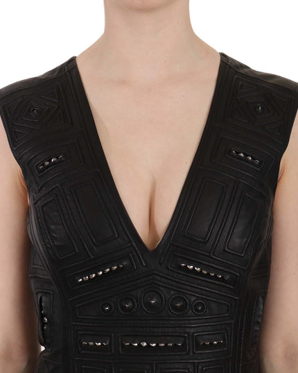 John Richmond Black Leather Studded Mini Shift Dress