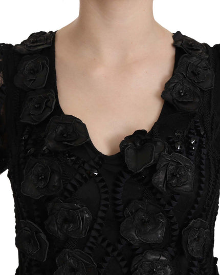 John Richmond Black Silk Leather Flowers Sheath Dress