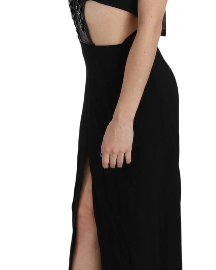 John Richmond Black Crystal Leather Gown Flare Dress