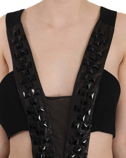 John Richmond Black Crystal Leather Gown Flare Dress