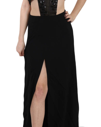 John Richmond Black Crystal Leather Gown Flare Dress