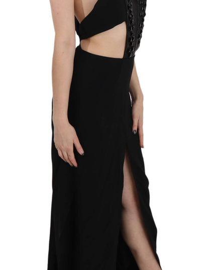 John Richmond Black Crystal Leather Gown Flare Dress