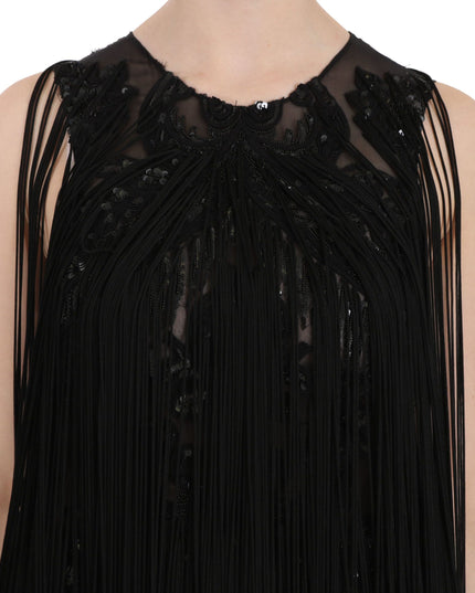 John Richmond Black Silk Beaded Sequined Sheer Dress