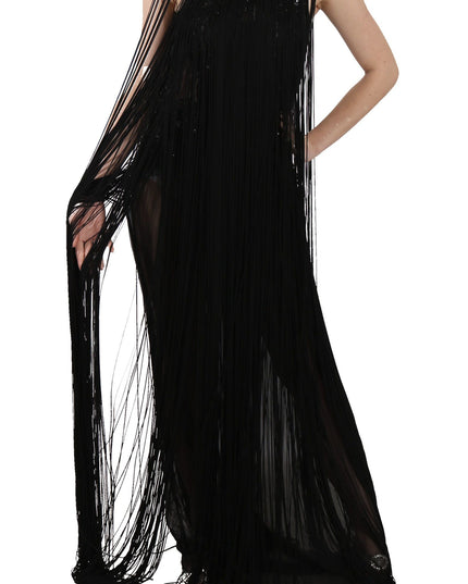 John Richmond Black Silk Beaded Sequined Sheer Dress