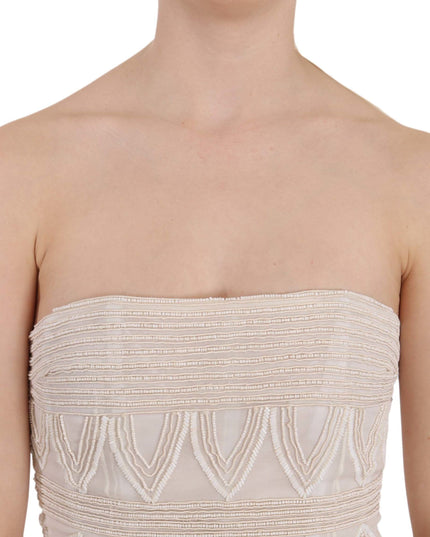 John Richmond Beige Beaded Silk Short Mini Gown  Dress