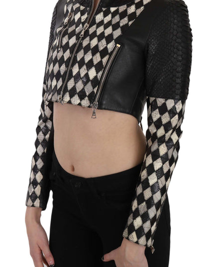 John Richmond Black White Leather Short Cropped Biker Jacket Coat