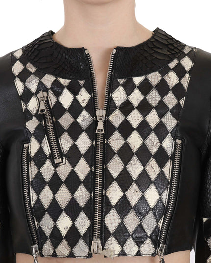 John Richmond Black White Leather Short Cropped Biker Jacket Coat
