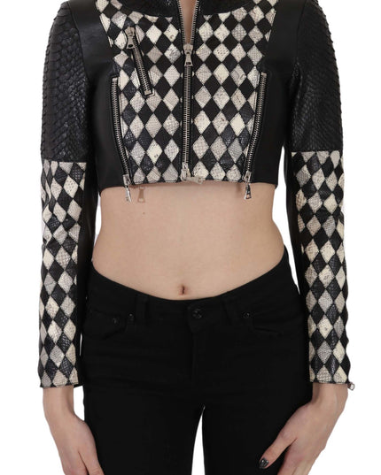 John Richmond Black White Leather Short Cropped Biker Jacket Coat