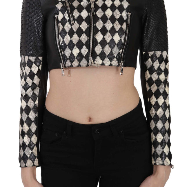 John Richmond Black White Leather Short Cropped Biker Jacket Coat