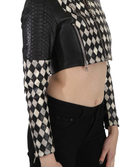 John Richmond Black White Leather Short Cropped Biker Jacket Coat