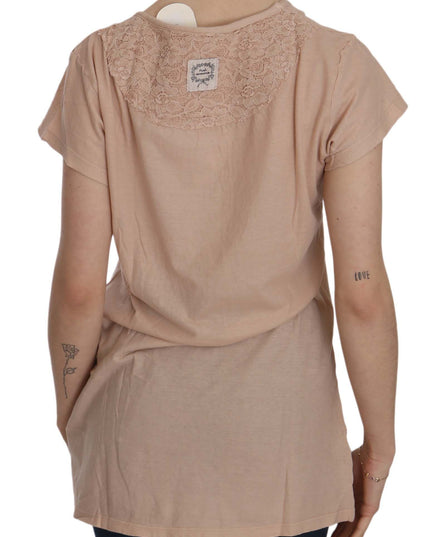 PINK MEMORIES Pink Cream Lace Short Sleeve Shirt Top Cotton Blouse