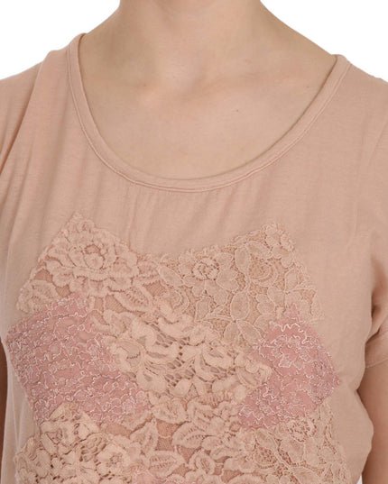 PINK MEMORIES Pink Cream Lace Short Sleeve Shirt Top Cotton Blouse