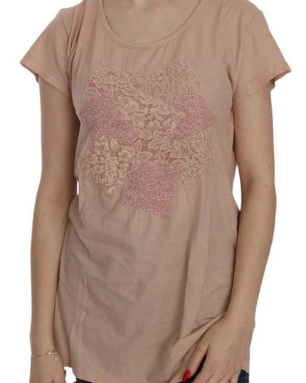PINK MEMORIES Pink Cream Lace Short Sleeve Shirt Top Cotton Blouse