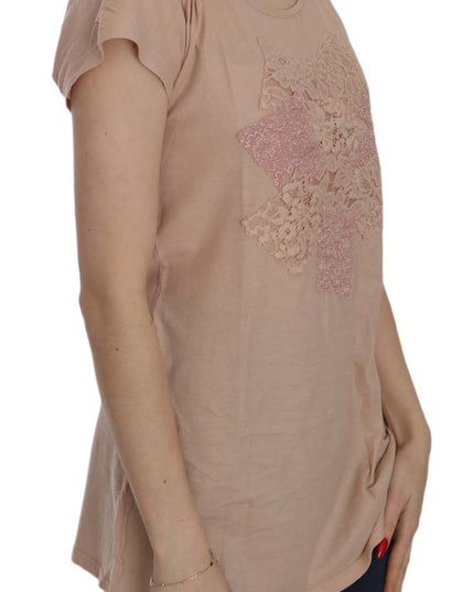 PINK MEMORIES Pink Cream Lace Short Sleeve Shirt Top Cotton Blouse