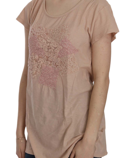 PINK MEMORIES Pink Cream Lace Short Sleeve Shirt Top Cotton Blouse
