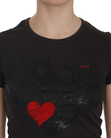 Exte Black Hearts Print Short Sleeve Casual Shirt Top