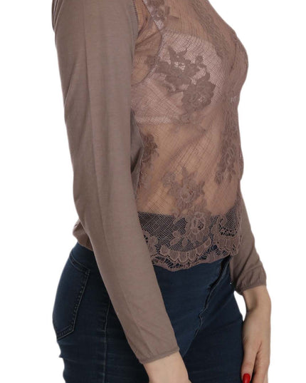 PINK MEMORIES Brown Lace See Through Long Sleeve Top