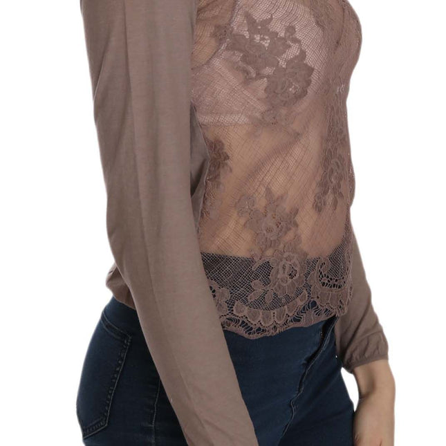 PINK MEMORIES Brown Lace See Through Long Sleeve Top