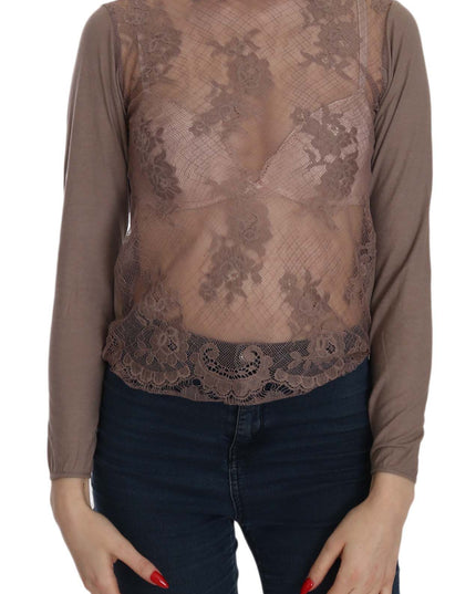 PINK MEMORIES Brown Lace See Through Long Sleeve Top