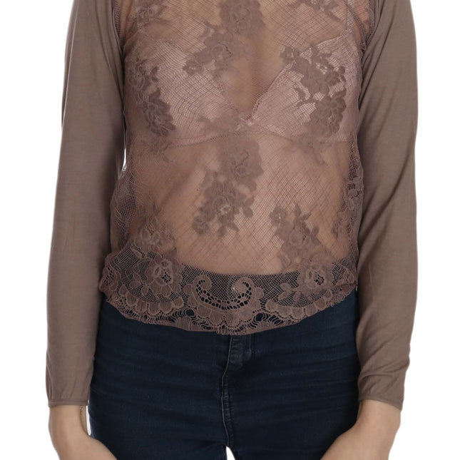 PINK MEMORIES Brown Lace See Through Long Sleeve Top