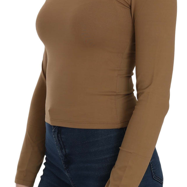 GF Ferre Brown Long Round Neck Sleeve Fitted Shirt Tops Blouse