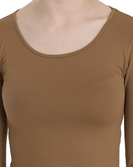 GF Ferre Brown Long Round Neck Sleeve Fitted Shirt Tops Blouse