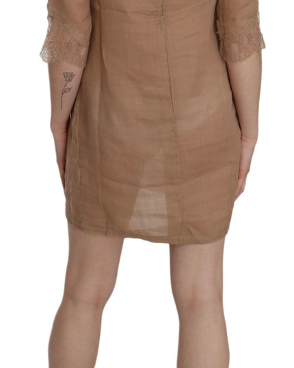 PINK MEMORIES Brown 3/4 Sleeve Crewneck Shift Mini Dress