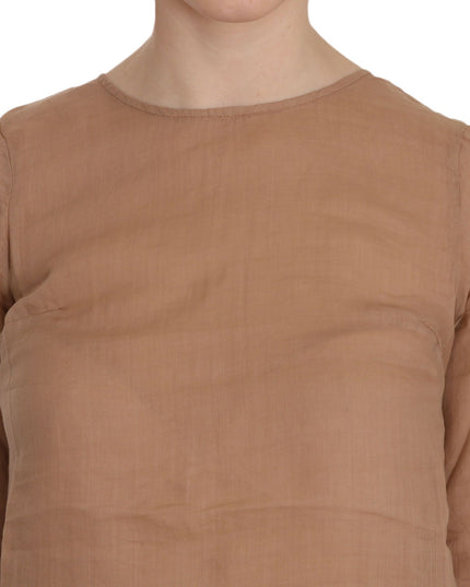 PINK MEMORIES Brown 3/4 Sleeve Crewneck Shift Mini Dress