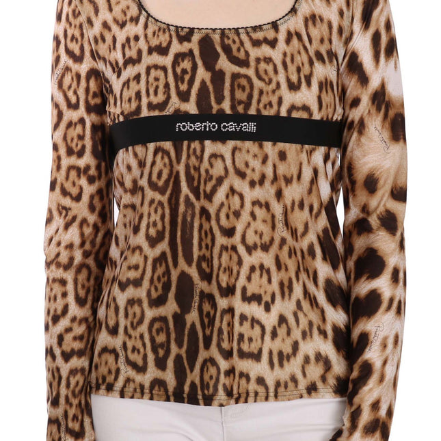 Roberto Cavalli Brown Round Neck Leopard Women Top Blouse